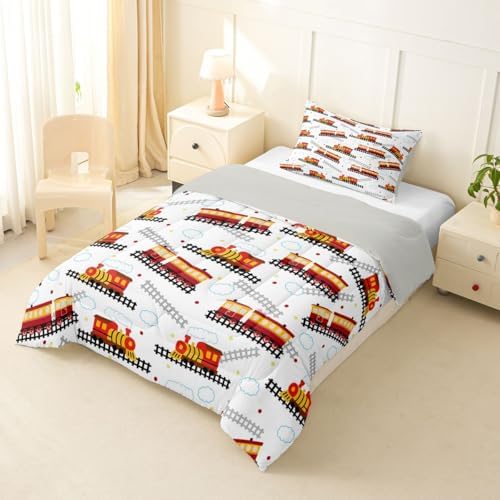 Feelyou Red Vintage Train Comforter Set Toddler Size Retro Steam Locomotive Down Bedding Set for Kids Boys Girls Transportation Vehicles Duvet Quilt Bedroom Decor Microfiber 2 Pcs with 1 Pillow Case