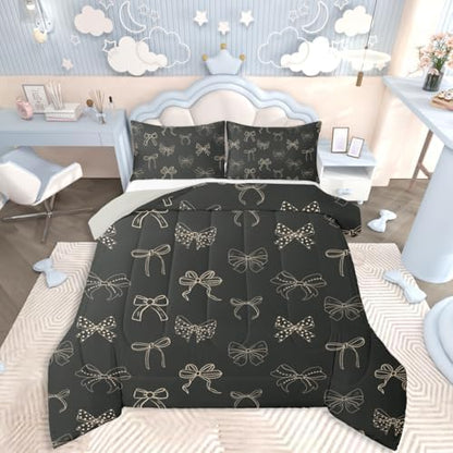 jejeloiu Bow Kids Comforter Set King Size Bowknot Bedding Set Butterfly Bowknot Duvet Quilt for Kids Boys Girls Bedroom Bow-tie Decor Microfiber Ultra Soft Breathable
