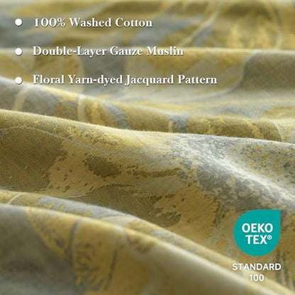 Simple&Opulence Muslin Duvet Cover Set King Size, 100% Washed Cotton 3 Pieces Yarn-Dyed Vintage Yellow Floral Jacquard Textured Bedding, Soft & Breathable Gauze Comforter Cover with Zipper Closure