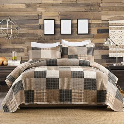 Quilta 100% Cotton Quilt Set, Farmhouse Brown Plaid Bedspread King Size