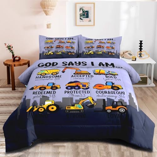 Boys Kids Construction Truck Comforter Set Queen Size,3 Piece Bed in a Bag Cars Excavators Tractor Bedding Set Construction Christian Spirational Comforter with 2 Pillowcases Gray