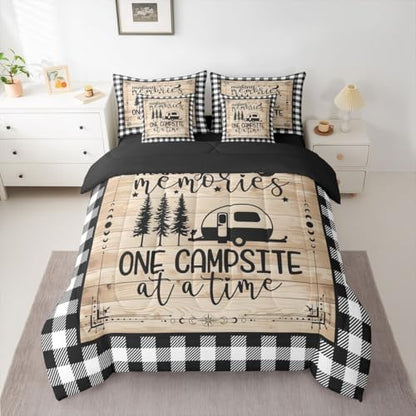 Erosebridal Camper Decorations Comforter Set - 7 Pieces Happy Camping Bedding Sets Twin Bed in A Bag Boho Sun Moon Comforter, Wooden Planks Sheets, Rustic Farmhouse Pillowcases & Throw Pillow Covers