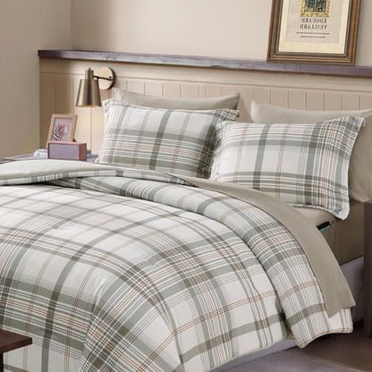 Plaid Full Size Comforter Set Grey White 7 Pieces Farmhouse Bed in a Bag