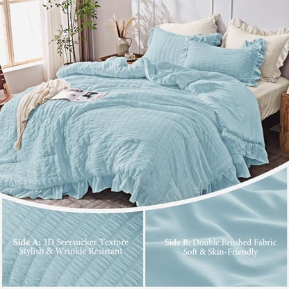JOLLYVOGUE Light Blue King Size Comforter Set, 3 Pieces Seersucker Comforter King Size, Lightweight & Fluffy Bedding Sets for All Season with 1 Ruffle Comforter and 2 Ruffle Pillowshams