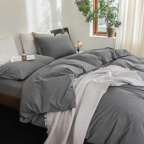 FOSSA Duvet Cover Set 100% Washed Cotton Linen Feel Queen