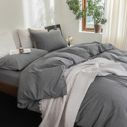 FOSSA Duvet Cover Set 100% Washed Cotton Linen Feel Queen