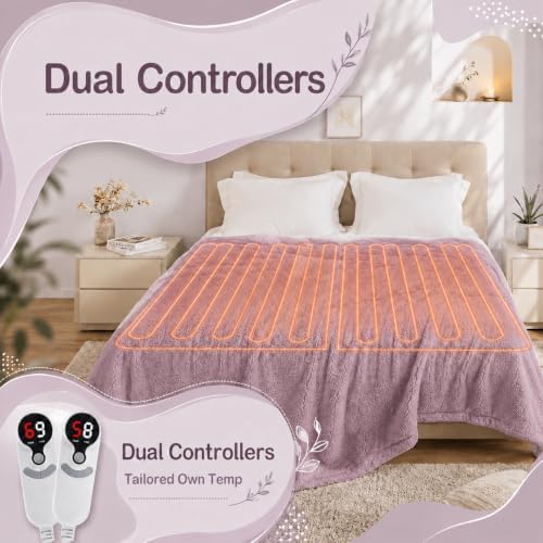 Electric Heated Blanket Queen Size 84"×90" Dual Control, 9 Heating Settings & 1-10Hs Auto Off, Overheat Protect, Double-Sided Sherpa, for Couch & Bed, Machine Washable Gifts for Women- Light Purple