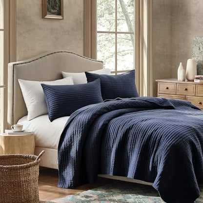 WDCOZY 100% Cotton Twin Size Quilt Set, Channel Pick Stitch, Navy Blue