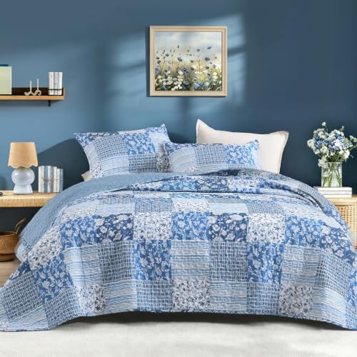 Litanika Floral Blue Quilt Queen - 3Pcs Botanical Birds Bedding Set