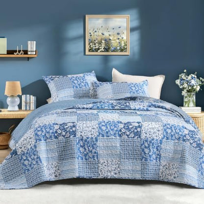Litanika Floral Blue Quilt Queen - 3Pcs Botanical Birds Bedding Set