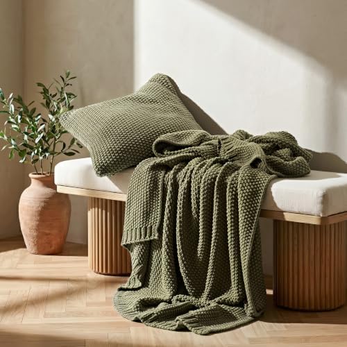 EverGrace Organic Cotton Chunky Knit Throw Blanket, 50 x 60 Olive Green