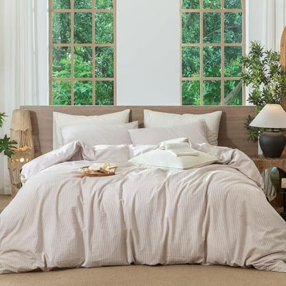 MooMee Striped Duvet Cover Set 100% Washed Cotton Linen Like Super Queen