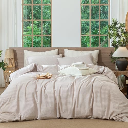MooMee Striped Duvet Cover Set 100% Washed Cotton Linen Like Twin