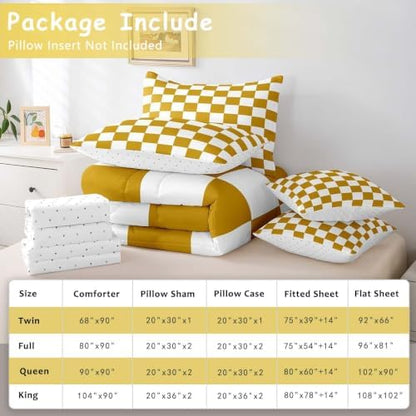 Feelyou Checkered 7 Piece Bedding Set Teen Yellow White Plaid Decoration Comforter Set with Sheets King Size Kids Boys Cute Retro Neutral Grid Geometric Bed in a Bag Vintage Aesthetic Room Decor