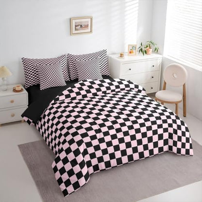 jejeloiu Pink Black Plaid Comforter Set with Sheets 7 Piece Queen Size Checkered Classic Bedding Set for Kids Boys Girls Grid Geometric Bed in a Bag Room Decor Soft Lightweight Microfiber