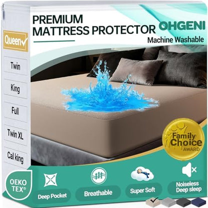 OhGeni Waterproof Mattress Protector, Queen Size Mattress Pad Fitted with Deep Pocket 6"-18", Breathable Noiseless & Soft, Washable Dirt-Proof Mattress Cover for Home, Hotel, Brown, Daybed Cover