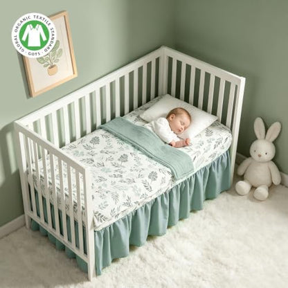 Organic Cotton Muslin Baby Crib Bedding Set 3 Piece Soft for Infant Newborn Toddler Boys Girls 52"x28", Nursery Bed Quilt Set Decor with Fitted Crib Sheet, Leaves Quilted Comforter Blanket, Bed Skirt