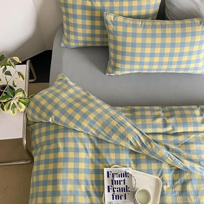 mixinni Yellow Blue Green Checkered Duvet Cover Set - Full Size, 3-Piece 100% Cotton Bedding Set, Soft & Breathable Geometric Plaid Comforter Cover with Zipper for All Seasons