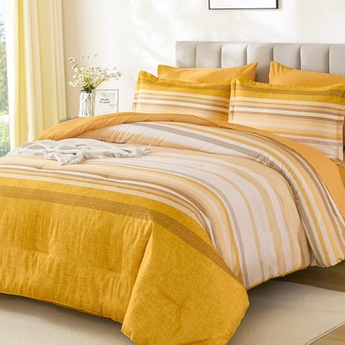 Dobuyly Yellow Comforter Set King Size 7 Piece, Boho Striped Bed in a Bag King Soft Microfiber Bedding Sets with Comforter, Sheets, Pillowcases & Shams All Season