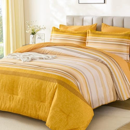 Dobuyly Yellow Comforter Set King Size 7 Piece, Boho Striped Bed in a Bag King Soft Microfiber Bedding Sets with Comforter, Sheets, Pillowcases & Shams All Season