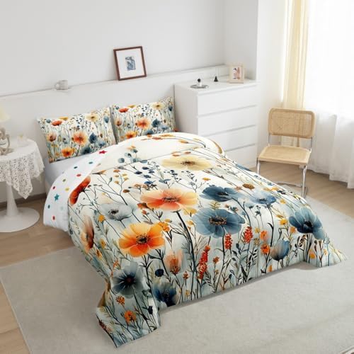 jejeloiu Boho Floral Comforter Set Toddler Size Kids Coloful Flower Bedding Set Boys Girls Teens Botanical Duvet Breathable Blossom Plant Aesthetic Quilt Bedroom Decor,1 Comforter with 1 Pillowcase