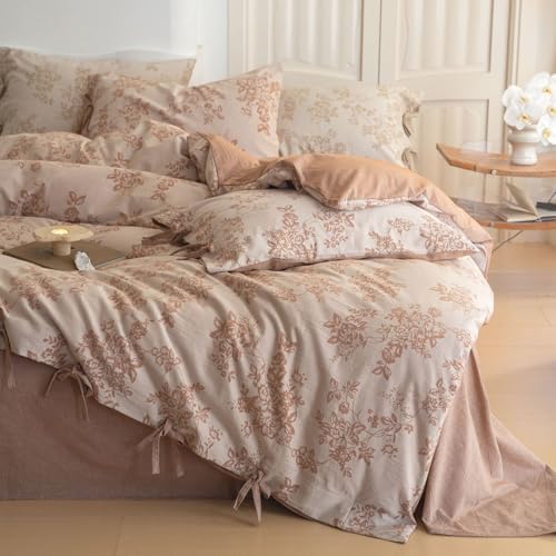 VM VOUGEMARKET Chic Floral Duvet Cover Queen,Yarn-Dyed Cotton Jacquard Textured Duvet Cover with Bowknot Retro Monet Style Bedding Set-90"x90",Pumpkin