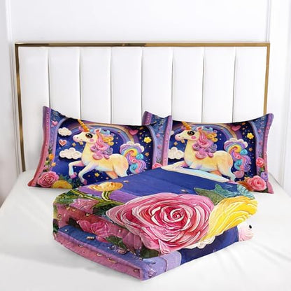 Pink Purple Rainbow Unicorn Flower Comforter Set Full for Kids Girls，Girls Unicorn and Rainbows Bedding Sets Full，with 1 Comforter with 2 Pillow Case，Unicorn Bedroom Decor and Bedding Set