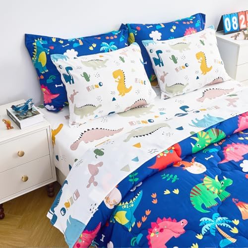 Wajade 7 Piece Kid Boys Dinosaur Comforter Set Queen Size 3D Blue Dinosaur Wild Park Jungle Print Bedding Set with Comforter, Sheet Set, Pillowcase and Sham