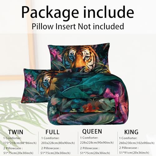 3Pcs Tiger Comforter Set Queen Size Plants Colorful Flowers Print Bedding Set,3D Wild Animals Comforter Set for Kids Boys Girls Room Decor,Wildlife Theme Bedding Set