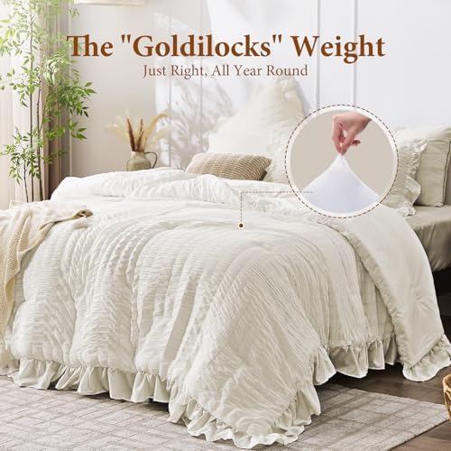 JOLLYVOGUE Oversized King Comforter Set, 3 Pieces Ivory Seersucker Comforters, Lightweight & Fluffy Bedding Sets for All Season with 1 Ruffle Comforter and 2 Ruffle Pillowshams