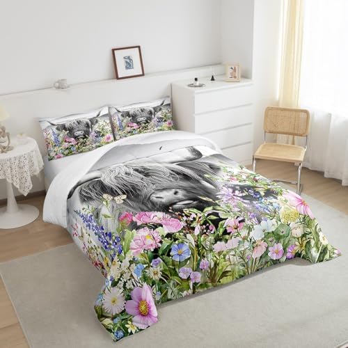 Highland Cow Comforter Set King Size,Colorful Flowers Leaves Bedding Set 3pcs for Kids Teens Adults Room Decor,Rustic Farmhouse Animals Plants Quilt Set Cowhide Vintage Duvet Insert,2 Pillowcases