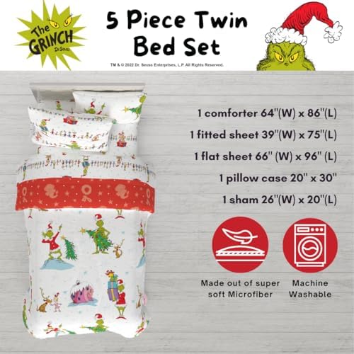 Grinch by Dr. Seuss Holiday & Christmas Bedding Soft Comforter and Sheet Set with Sham, 5 Piece Twin Size, (Official Dr. Seuss Product) by Franco
