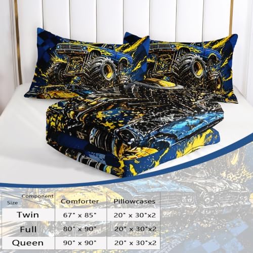 AILONEN Full Comforter Set 3 Piece, Blue Yellow Off Road Truck 3D Printed Bedding with 2 Pillowcases, Soft Breathable Microfiber Checkered Racing Decor for Guest Room