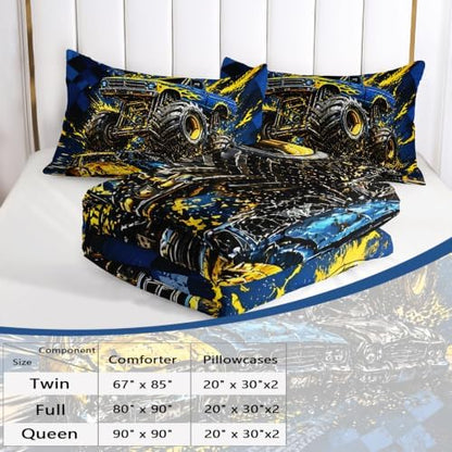 AILONEN Full Comforter Set 3 Piece, Blue Yellow Off Road Truck 3D Printed Bedding with 2 Pillowcases, Soft Breathable Microfiber Checkered Racing Decor for Guest Room