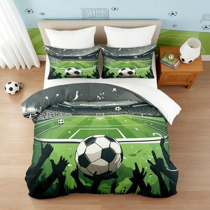 CCoutueChen Boys Full Size Soccer Bedding Set, Sports Comforter Set for Kids, 3 Pieces Soft Fluffy Microfiber Green Bed Sets with 2 Pillowcases, 79"x90"