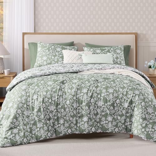 BLOOMHAVEN Full Size Comforter Sets-7 Pieces Green Floral Bed in a Bag