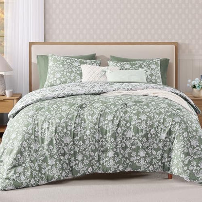BLOOMHAVEN Queen Comforter Set-7 Pieces Green Floral Bed in a Bag Queen