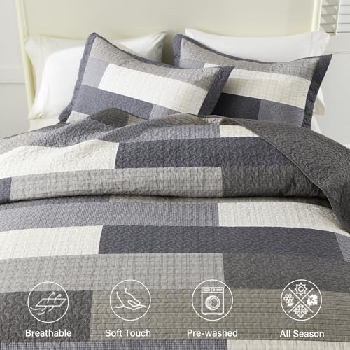 Finlonte King Quilt Bedding Set - 100% Cotton King Quilt Sets with 2 Pillowshams, Farmhouse Plaid Stripe Quilted Bedspread, Lightweight Soft Comforter for All Season, Charcoal/Brown/Beige/Gray