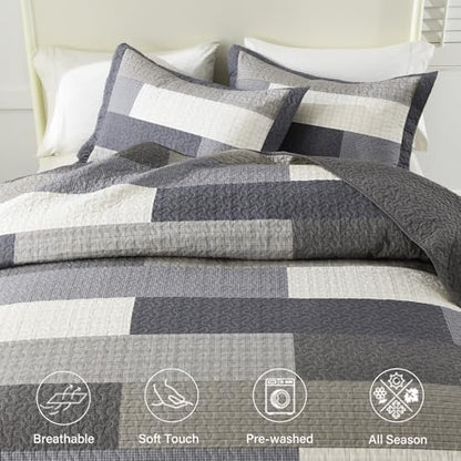Finlonte King Quilt Bedding Set - 100% Cotton King Quilt Sets with 2 Pillowshams, Farmhouse Plaid Stripe Quilted Bedspread, Lightweight Soft Comforter for All Season, Charcoal/Brown/Beige/Gray