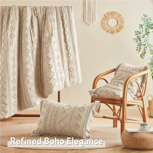 MR&HM Twin XL Comforter Set 5 Pieces Beige, Boho Tufted Bed Set for Dorm