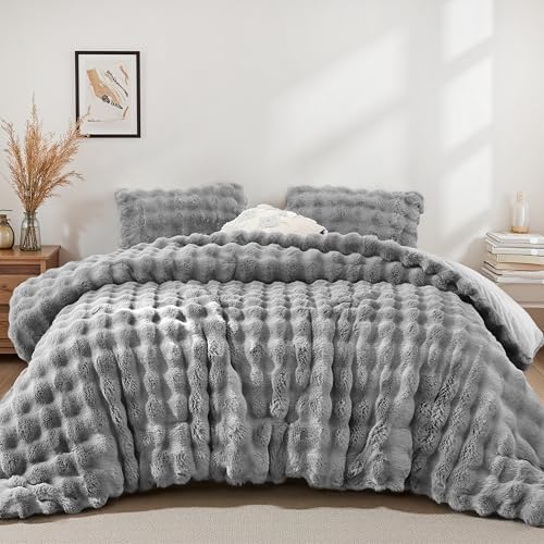 YIKUSH Twin Faux Fur Comforter Set, Fluffy Light Gray Rabbit Fur Comforter