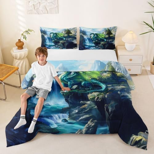 Feelyou Dragon Kids Comforter Set Queen Size Magical Beast Bedding Set Wild Animal Duvet Quilt for Kids Boys Girls Bedroom Fantasy Animal Decor Jungle Dragon Microfiber Ultra Soft Breathable