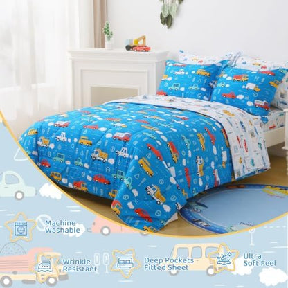 Viviland Kids Full Bedding Sets, Boys Comforter, Deep Blue Traffic Cars