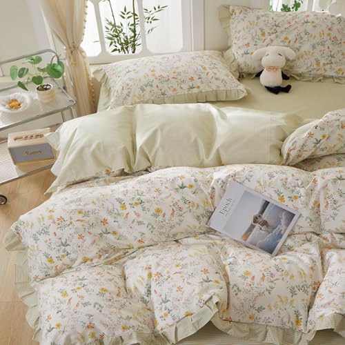 mixinni 100% Cotton Duvet Cover Set Twin, Reversible Spring Floral Ruffle Green Striped Bedding for Girls, French Country Cottagecore Aesthetic 3PC Duvet Cover with Zipper Closure & Pillowcases