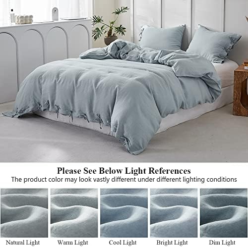 Simple&Opulence 100% Linen Duvet Cover Set 3pcs with Bowknot Ties Closure Natural French Washed Flax Solid Color Soft Breathable Farmhouse Bedding - Dusty Blue, King Size