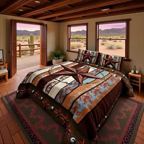 Western Texas Star Kids Comforter Set Full Size,Vintage Wooden Plank Bedding Set,Girls Boys Adults Bedroom Decor,Rustic Farmhouse West Cowboy Down Comforter,Brown Retro Duvet Insert,2 Pillowcases