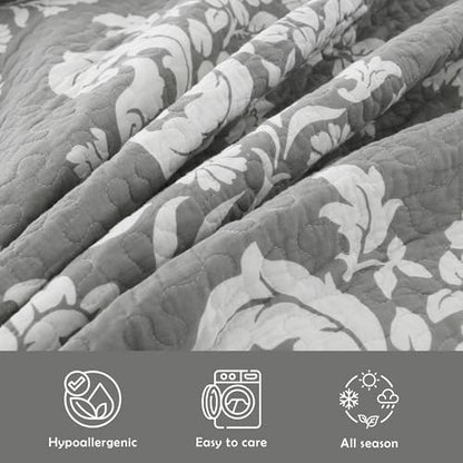 Queen Size Quilts - 100% Cotton Grey and White Quilt Set, 90x98