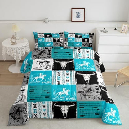Manfei Cowboy Comforter Set Queen Size, Bull Skull Horse Arrow Quilt Set with 2 Pillowcases, Geometric Grid Blue Plaid Bedding Set 3pcs for Kids Boys Girls Room Decor Western Duvet Insert