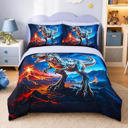 Viviland Kids Bedding Set Twin Size Comforter Sets, Bed in Starry Dinosaur Cover Set for Children