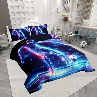 Castle Fairy Soccer Player Comforter Set,Football Bedding Set for Kids Girls Boys,Teens Adults Neon Sports Soccer Comforter,Cool Ball Games Quilted Duvet Set Bedroom Collection Twin Size 2Pcs